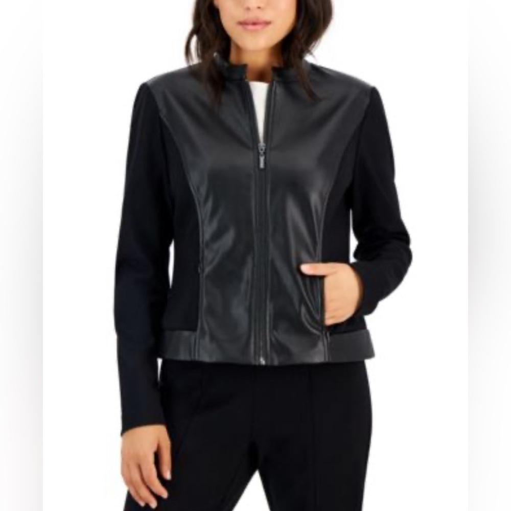 Anne Klein Black Faux Leather Media Jacket.      Size Large Petite.  Tomato Girl